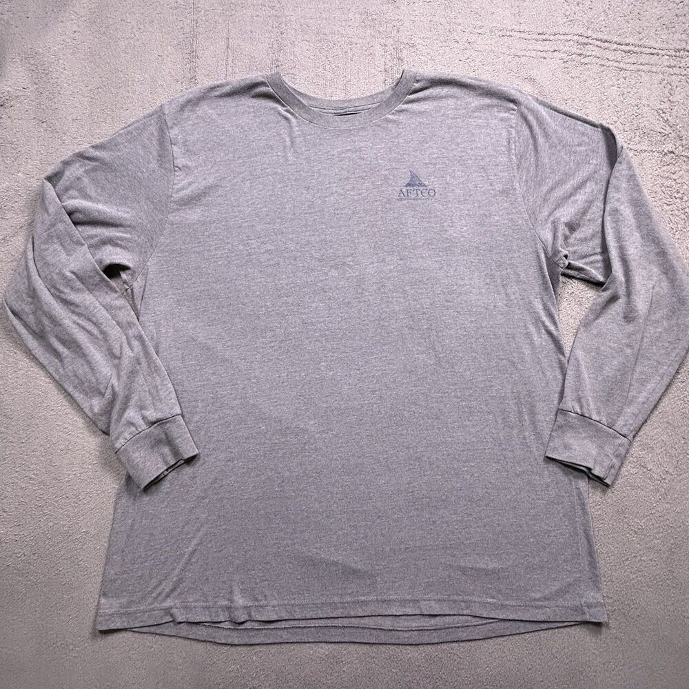AFTCO Long Sleeve T-Shirt Mens XL Grey Shark Fin Fishing Graphic